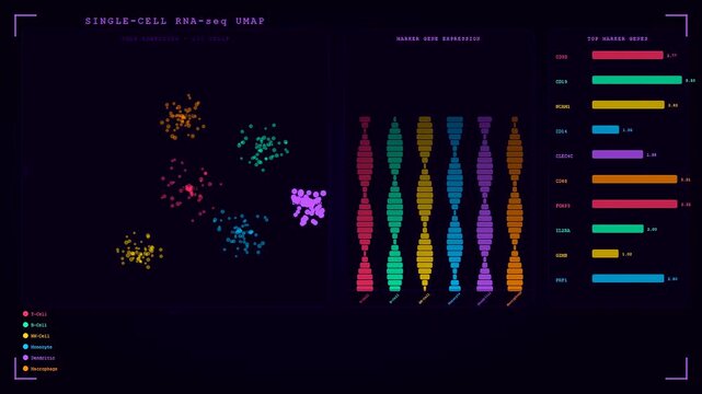 Advanced digital interface for organoid growth monitoring displays live genomic data clusters and gene expression levels through complex animated single cell sequencing visualization charts and maps.