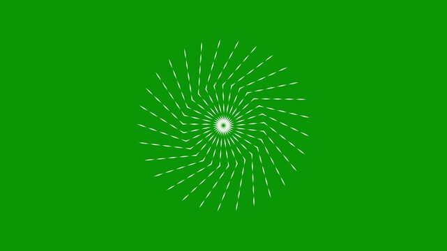 Seamless loop for gala celebration events with glowing light transitions in an abstract circle line burst animation with shiny spark effects on green screen background and fast moving graphics.