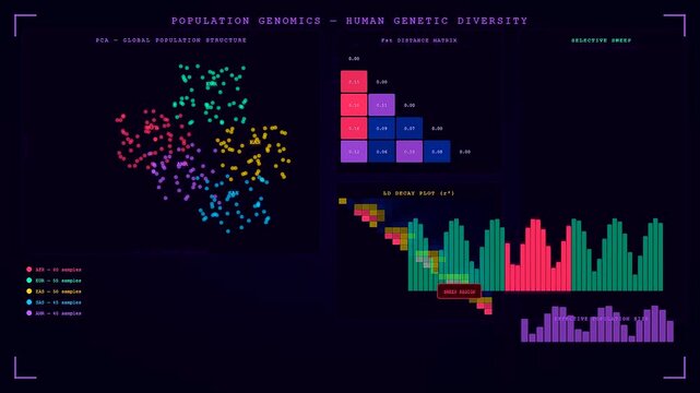 A sophisticated digital interface for organoid growth monitoring displays complex genomic data and population structure visualizations during a comprehensive laboratory research session in real time.