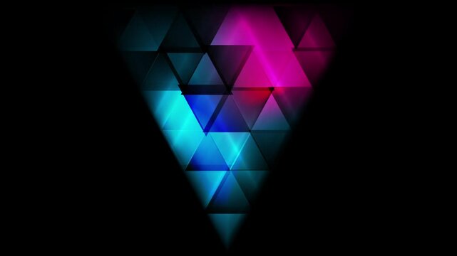 Futuristic abstract background with triangular pattern of glowing blue and pink neon light shapes on black backdrop. Modern tech motion design. Video animation Ultra HD 4K 3840x2160