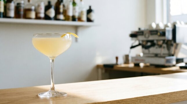 A classic yellow cocktail in a stemmed coupe glass garnished with a lemon twist, sitting on a wooden bar counter in a bright cafe