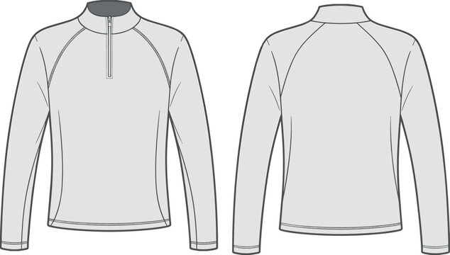 Women's quarter zip pullover vector template with high neck and raglan sleeves, front and back view fashion technical drawing apparel mockup illustration