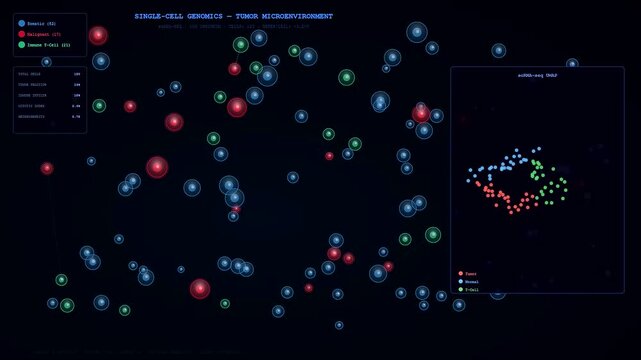 Advanced software facilitates organoid growth monitoring while displaying complex cellular interactions and genomic data within a dark digital tumor microenvironment simulation for medical research.