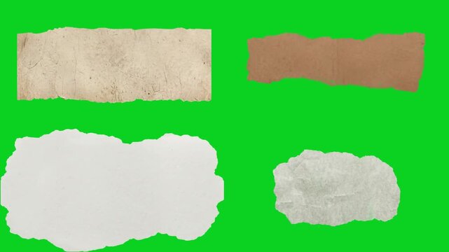 Collage four large torn paper pieces flat views revealing animated on a green screen chroma key background. It gives a high quality professional template design element for video compositing