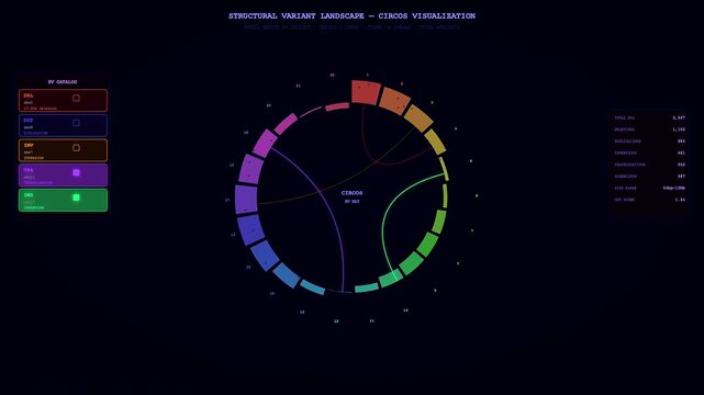 Advanced digital interface for organoid growth monitoring displays interactive genomic data through a colorful circular plot transition against a dark professional background for research purposes.