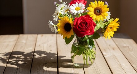 Fototapeta premium Vibrant Mixed Flower Bouquet with Red Roses and Sunflowers in Glass Vase on Wooden Table