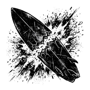 icon of a broken surfboard featuring intense grunge textures and a distressed effect. illustration capturing raw energy, perfect for rebellious streetwear branding, skate and surf logos