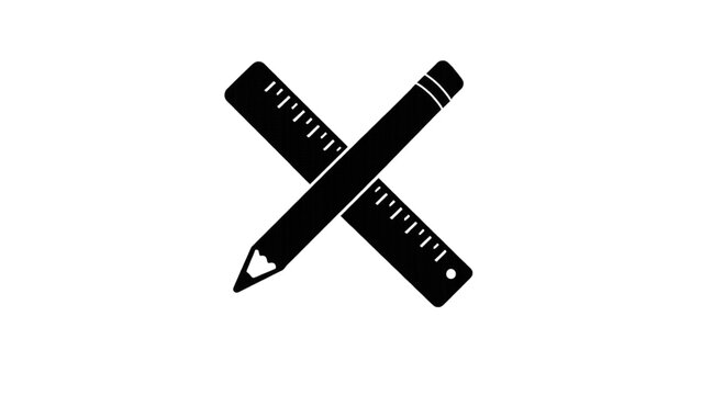 Black silhouette of crossed ruler and pencil on white background