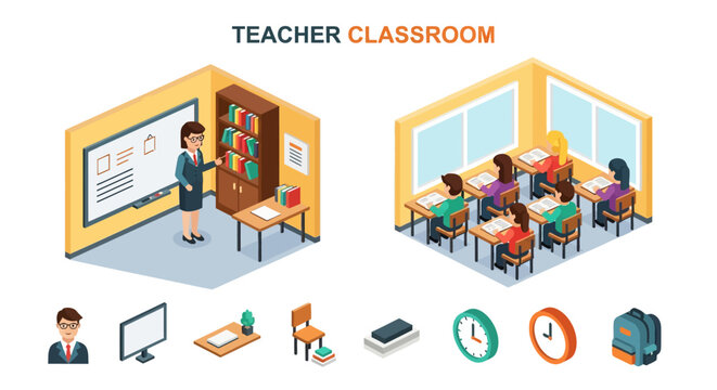 A vibrant classroom setting with a teacher instructing students and various educational supplies, depicting a lively learning environment