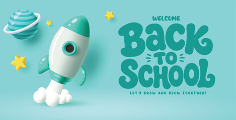 Back to School Vector Banner Template with Cute 3D Style Rocket Ship Planet and Stars Illustration © Hezekiah
