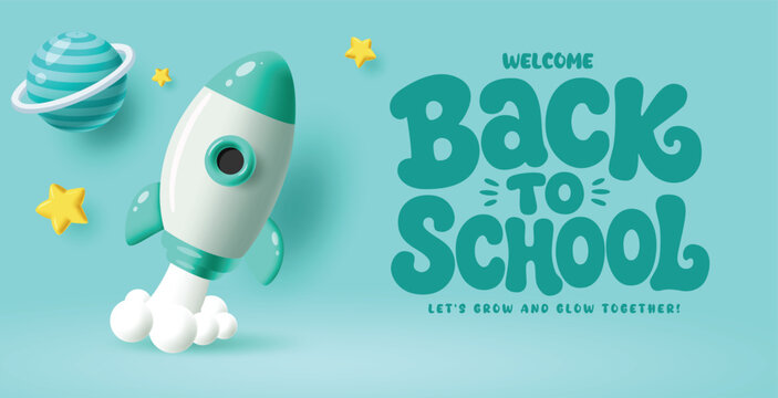 Back to School Vector Banner Template with Cute 3D Style Rocket Ship Planet and Stars Illustration