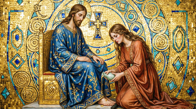 A repentant woman anoints Jesus with sacred oil, embodying divine forgiveness and pure love.