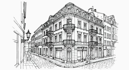 Obraz premium European City Street Corner Architecture Sketch Vector Illustration
