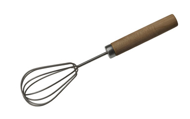 Fototapeta premium Essential stainless steel wire whisk featuring a comfortable wooden handle, a fundamental tool for preparing food, baking delicious treats, and culinary creations, isolated on white