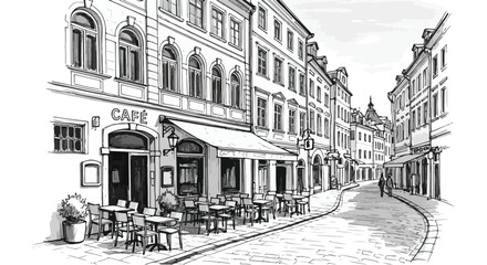 Obraz premium Hand drawn vector sketch of European street cafe and architecture