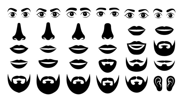 Collection of human facial features including eyes noses mouths lips beards ears silhouettes with features