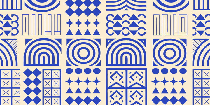 Blue geometric pattern with abstract shapes and star motifs