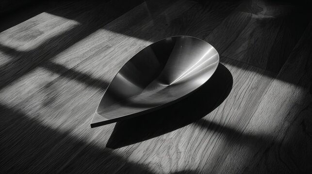 A metallic object casts a dramatic shadow on a wooden surface in a dark room with natural light