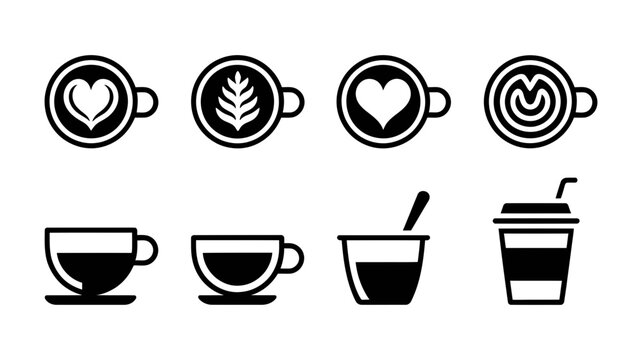 Collection of coffee cups and latte art icons in black and white outline style with espresso, cappuccino
