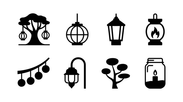 Outdoor lighting and lanterns icons set with street lamps string lights trees lighting lanterns decorative