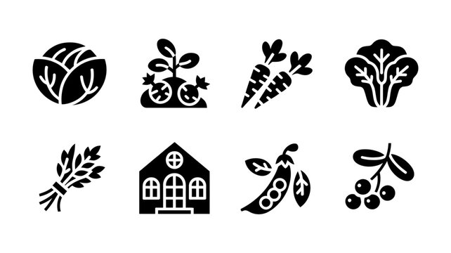 Fresh vegetables and garden produce icons set with carrots cabbage peas berries vegetables agriculture