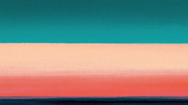 Horizontal bands of teal, peach, pink, and dark blue create a serene, abstract landscape