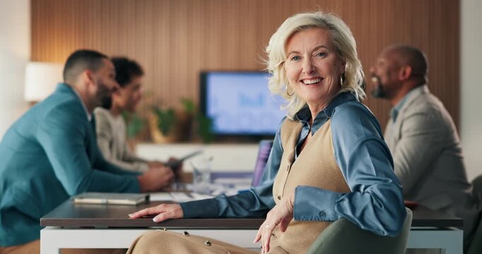 Happy, meeting and face of businesswoman in office with confidence for finance career with growth. Smile, teamwork and portrait of mature female financial manager with pride for company about us.