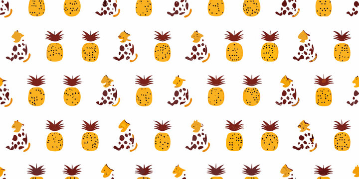 Pineapple and cat repeating pattern on white background