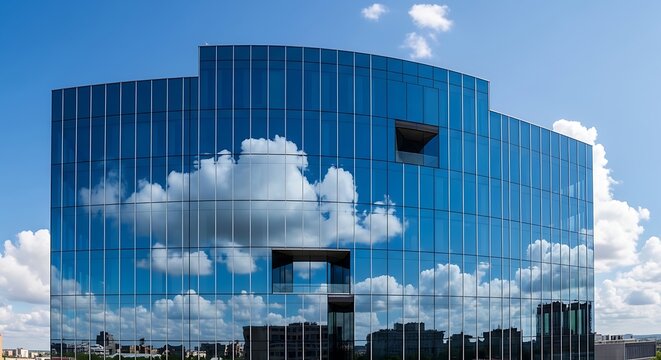 Modern glass office building reflecting white clouds and a bright blue sky captured in a clear professional architectural photograph