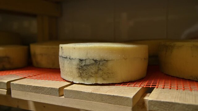 Cheese wheels aging on wooden shelves with orange netting in storage room