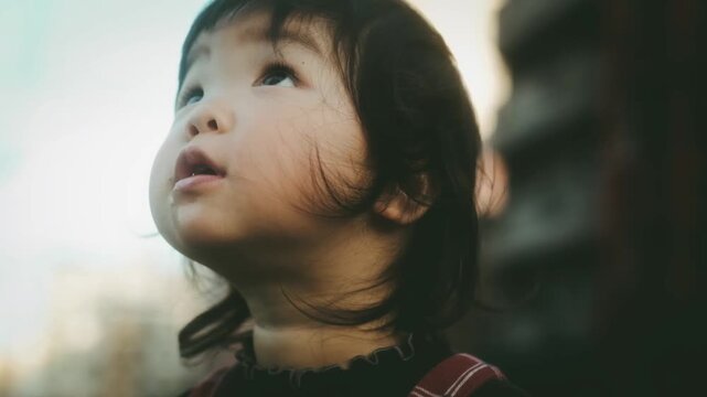 夕暮れの空を見上げる子ども