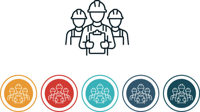 Construction worker group with hard hats and clipboard vector icon set for industrial team management