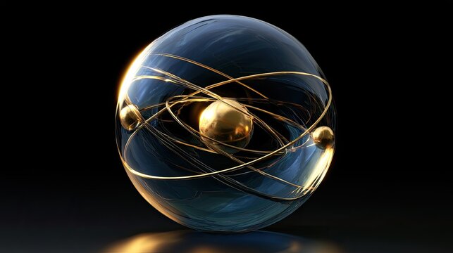A glowing golden orb orbits within a deep blue, crystalline sphere
