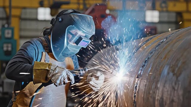 Person welding metal pipe in factory emphasizing manufacturing strength and precision engineering