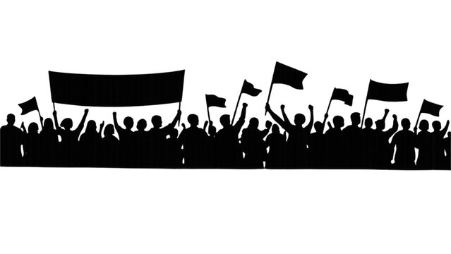 Black silhouette crowd people protesting with flags and banner