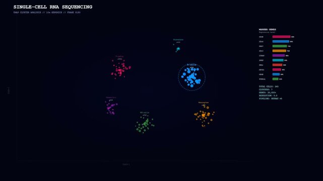 Innovative research involving CRISPR Genome Editing displays single cell RNA sequencing results with colorful clusters expanding across a dark interface during a complex laboratory data analysis.
