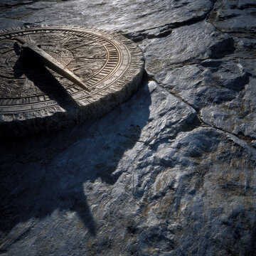 Ancient stone sundial on rough bluestone under bright noon sun, casting sharp shadows and warm gold tones. Clean layout provides ample copy space, ideal for summer solstice and time management themes.