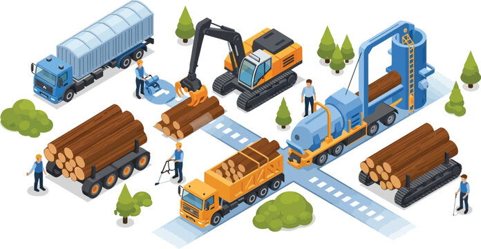 Isometric logging industry scene with heavy machinery trucks and workers processing timber in a forest environment vector illustration