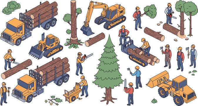 Isometric logging industry vector set featuring forestry workers with chainsaws heavy machinery trucks and pine trees for construction design