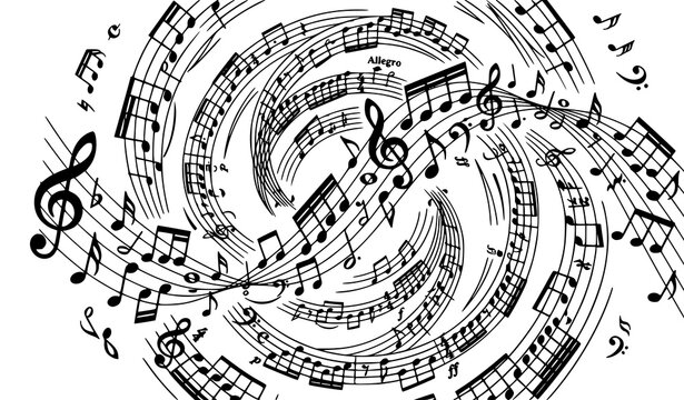 Abstract musical notes melody background with swirling wave rhythm vector illustration