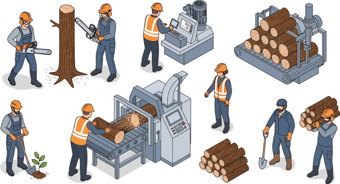 Isometric lumberjack and sawmill workers set with logging machinery, timber processing equipment, and forestry tools in flat vector illustration
