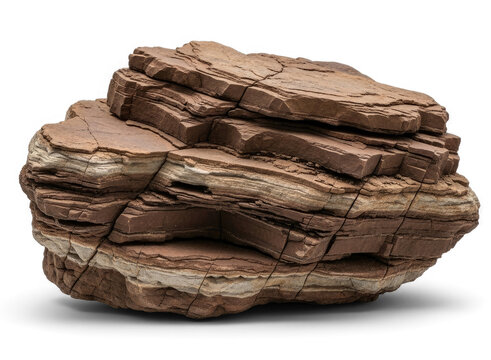 A large, textured rock formation sits on a transparent background. The rock is layered with varying shades of brown and tan, creating a rugged, geological appearance.