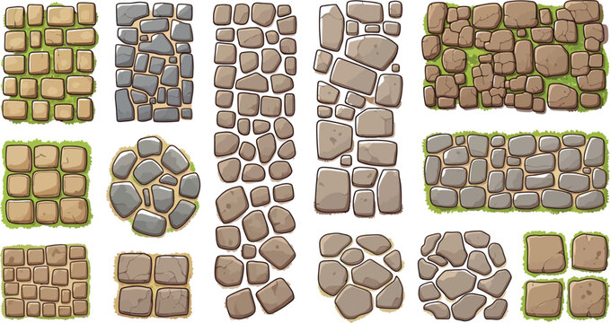 Set of stone path textures with grass borders for game design and landscape architecture in flat vector illustration style