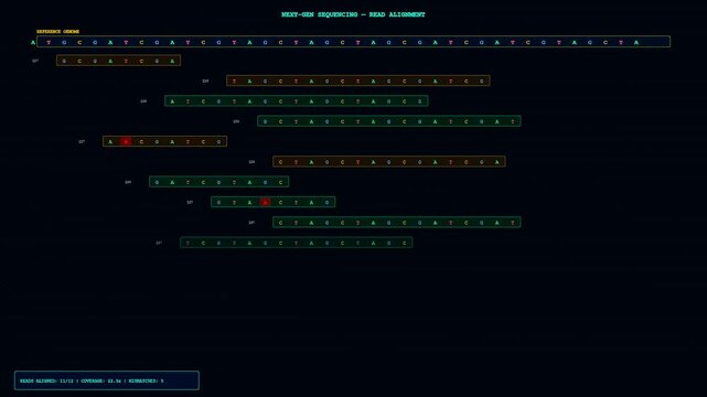 This digital visualization of CRISPR Genome Editing displays next generation sequencing read alignment progress across a dark computer screen interface used for advanced laboratory research.