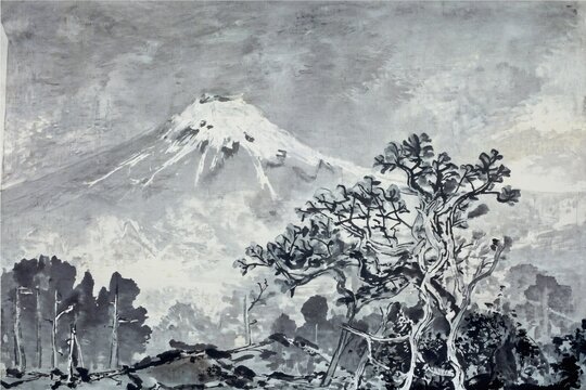 Japanese sumi-e ink painting, wide angle view