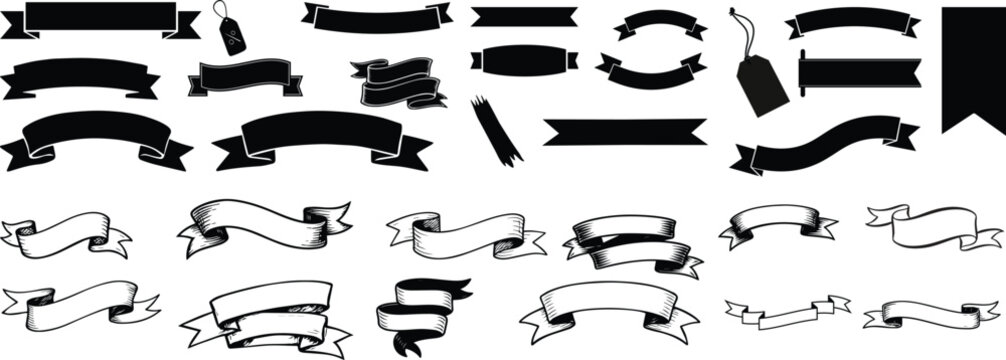 Ribbon banner outline set, black vintage scroll banners for logo, badge, label and branding design, isolated vector.Ribbon banner set. Ribbons collection.Ribbon simple black thin line icons vector set