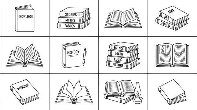 Books educational set with various subjects and illustrations featuring education, knowledge, wisdom with stories and myths elements for fables,