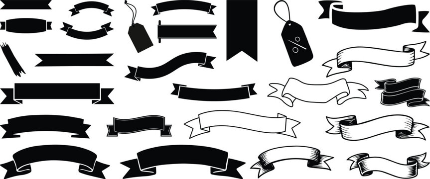 Ribbon banner outline set, black vintage scroll banners for logo, badge, label and branding design, isolated vector.Ribbon banner set. Ribbons collection.Ribbon simple black thin line icons vector set