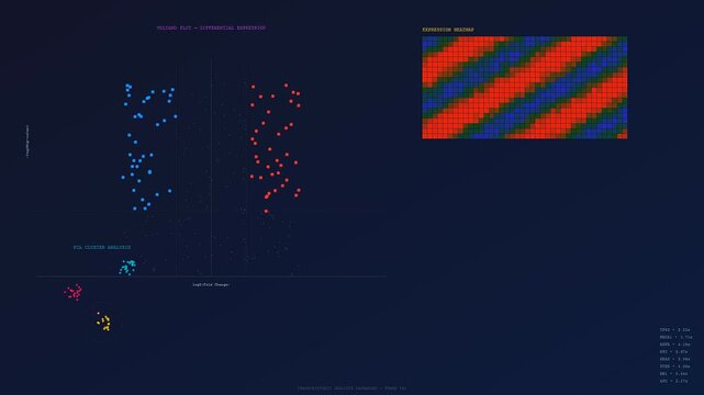 Modern interface displays data for CRISPR Genome Editing showing complex volcano plots and heatmaps used by scientists to analyze expression patterns during laboratory research.