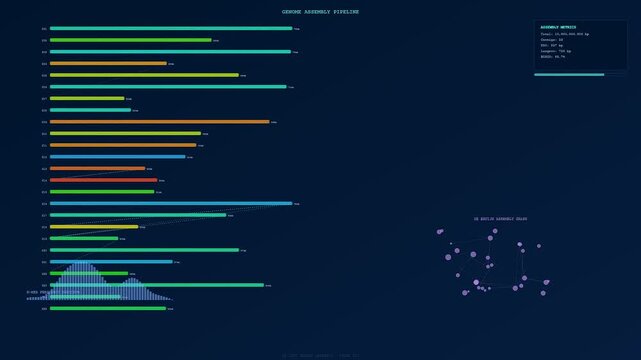 A high tech digital display showcasing CRISPR Genome Editing processes during a complex genome assembly pipeline with animated horizontal data bars and scientific network graphs